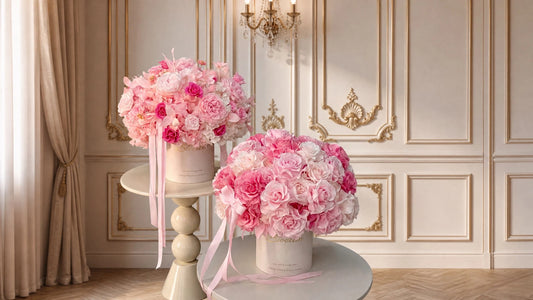 Luxury mixed pink preserved rose and peony flower box on French living room coffee table, long-lasting everlasting preserved floral home decor by LULU ROSÉE