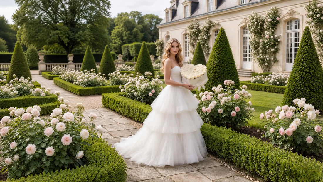 Bride holding LULU ROSÉE white heart preserved rose box in French chateau garden, trending elegant summer wedding flower decor for 2026 romantic bridal bouquets