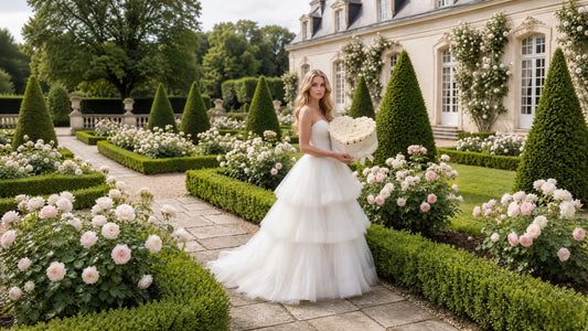 Bride holding LULU ROSÉE white heart preserved rose box in French chateau garden, trending elegant summer wedding flower decor for 2026 romantic bridal bouquets