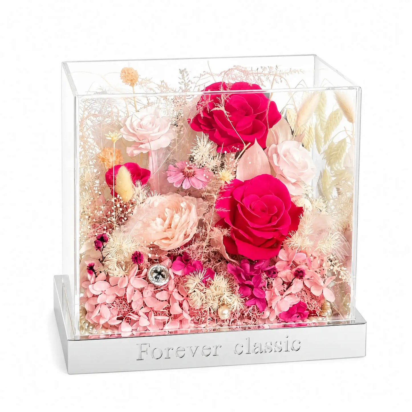 LULU ROSÉE pink flame barbie acrylic box on a white background
