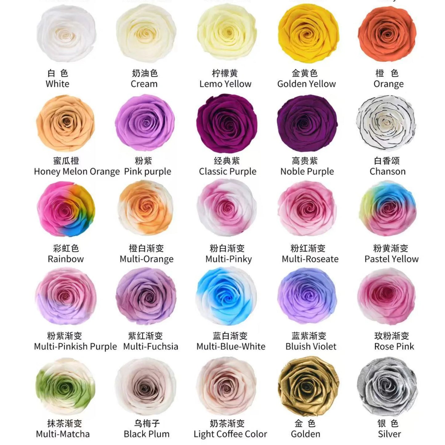 LULU ROSÉE eternal preserved rose color palette swatch, solid tone, gradient shade and metallic rose color choices, customizable flower hues for luxury flower boxes and floral doll crafts