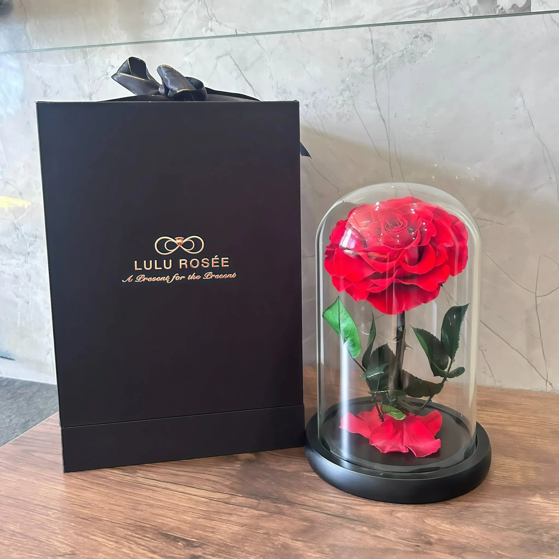 LULU ROSÉE Enchanted Red Rose Dome with LULU ROSÉE Gift Bag, Preserved Rose Display