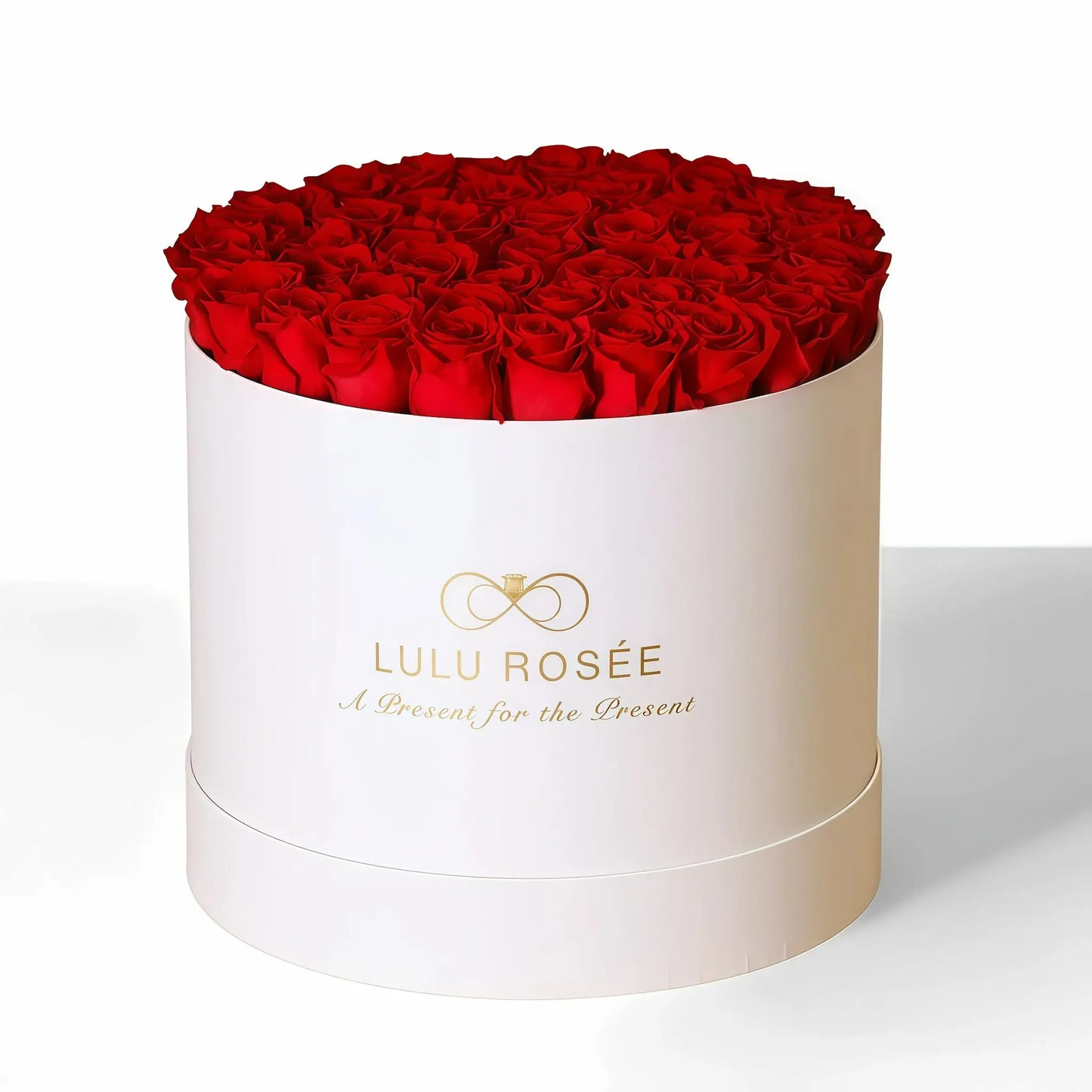 LULU ROSÉE extra large round box red roses white classic box on white background
