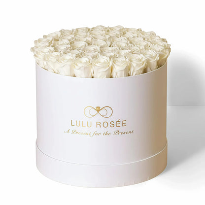 LULU ROSÉE extra large round box white roses white classic box on white background