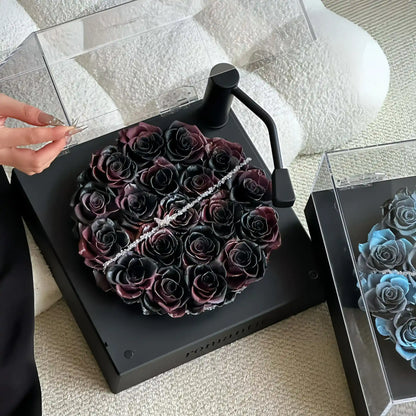LULU ROSÉE Dual Rose Turntable Boxes, Vintage Noir vs Aqua Blue Preserved Flower Arrangements