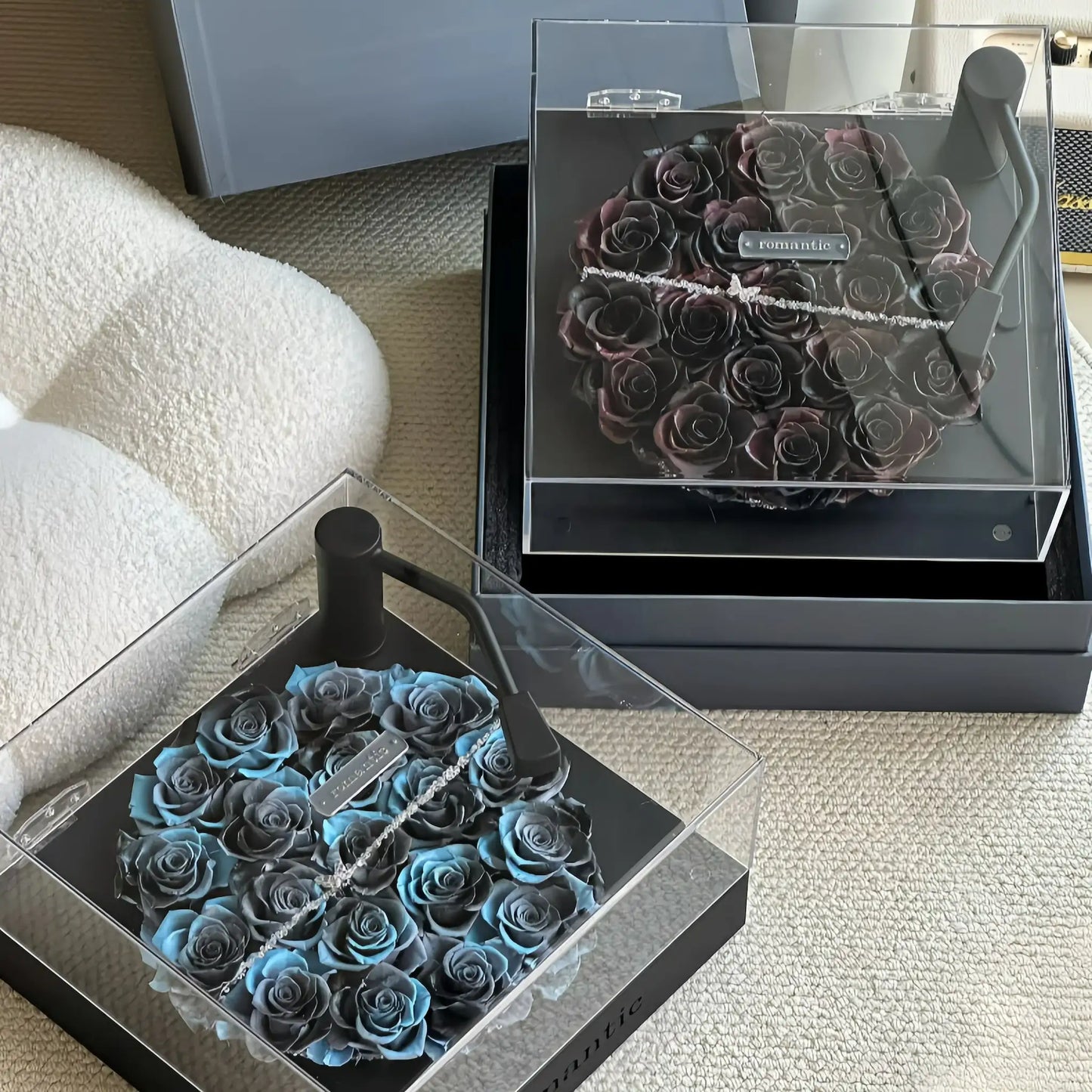 LULU ROSÉE Top View of Noir & Aqua Rose Turntables, Dual Preserved Rose Record Player