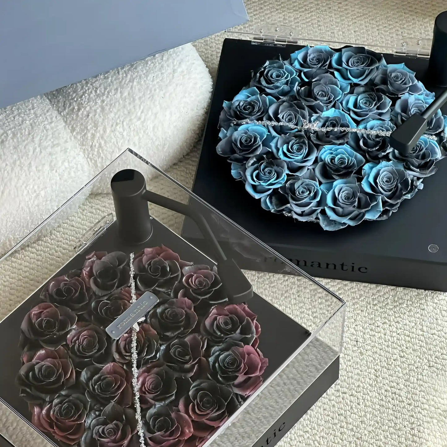 LULU ROSÉE Dual Rose Turntable Boxes with Gift Packaging, Noir & Aqua Preserved Roses