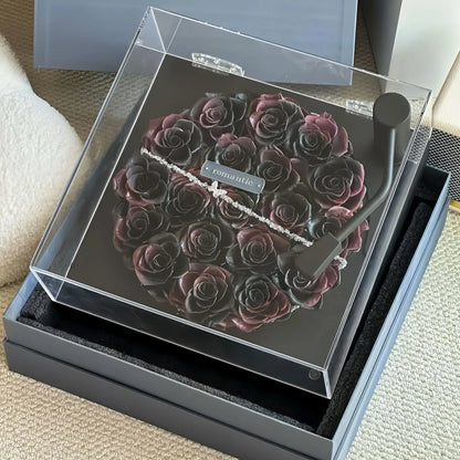 LULU ROSÉE Vintage Noir Turntable Rose Box with Gift Box, Dark Preserved Rose Display