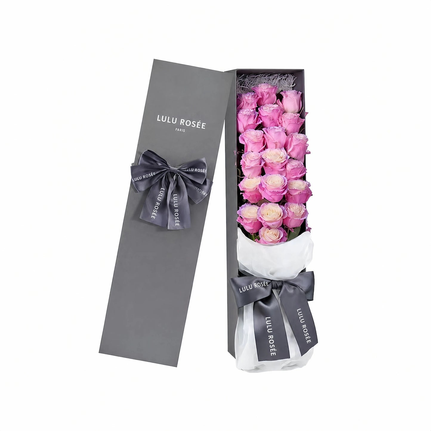 LULU ROSÉE Grande Long Stem Preserved Rose Box, luxury long rectangular gift box filled with long stem blush cream gradient preserved roses, clean white studio background shot, decorated with elegant grey satin ribbon, customizable flower colors, everlasting romantic floral souvenir for Valentine’s Day, anniversary & birthday gifting