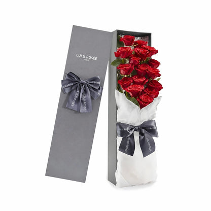 LULU ROSÉE Grande Long Stem Preserved Rose Box, luxury long rectangular gift box filled with long stem wine red preserved roses, full front white background product shot, decorated with elegant grey satin ribbon, customizable flower colors, everlasting romantic floral souvenir for Valentine’s Day, anniversary & birthday gifting
