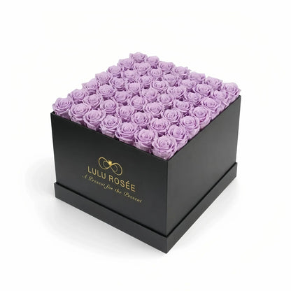 LULU ROSÉE large square box light purple roses black classic box on white background