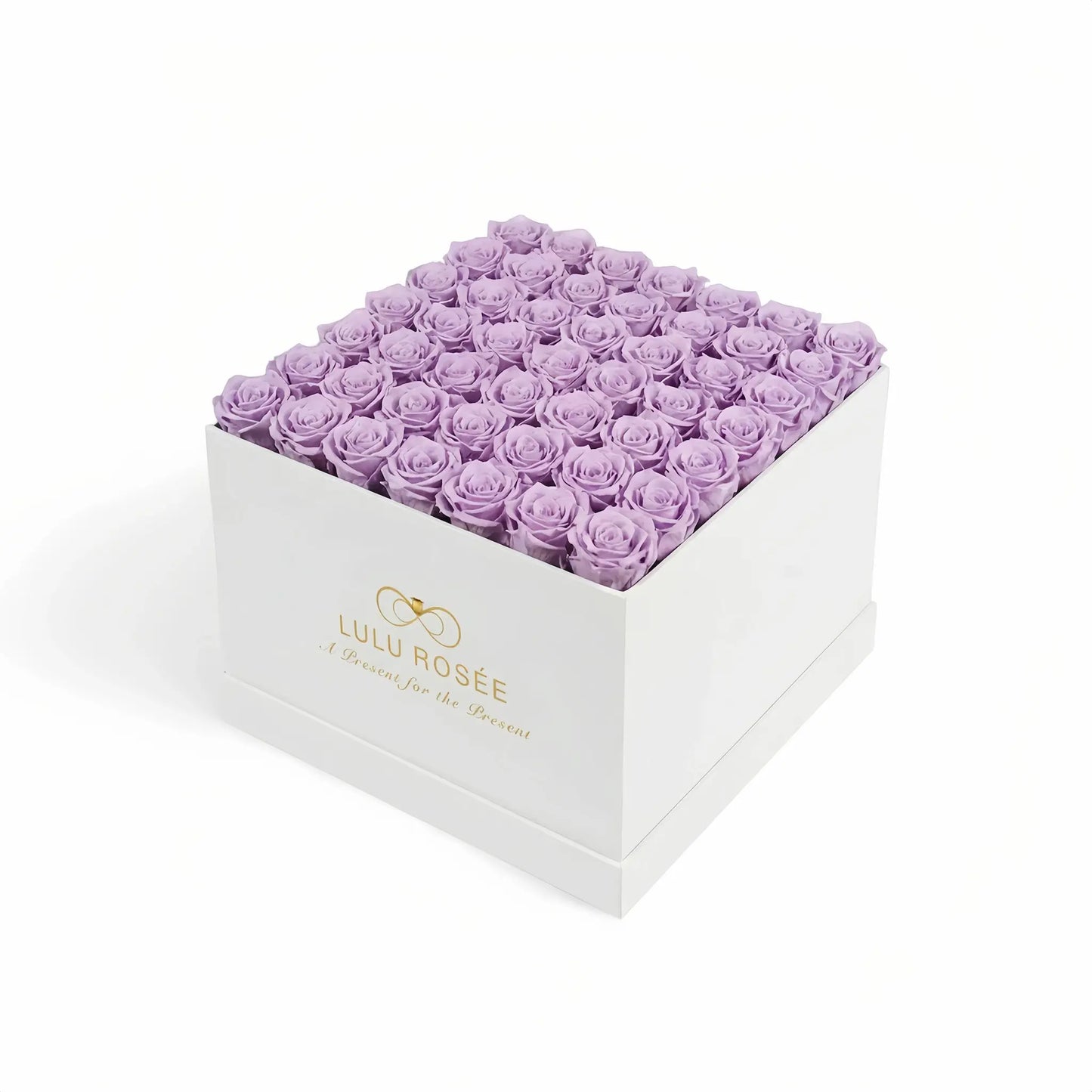 LULU ROSÉE large square box light purple roses white classic box on white background