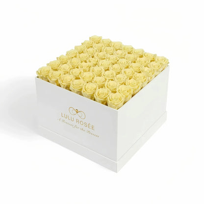 LULU ROSÉE large square box light yellow roses white classic box on white background