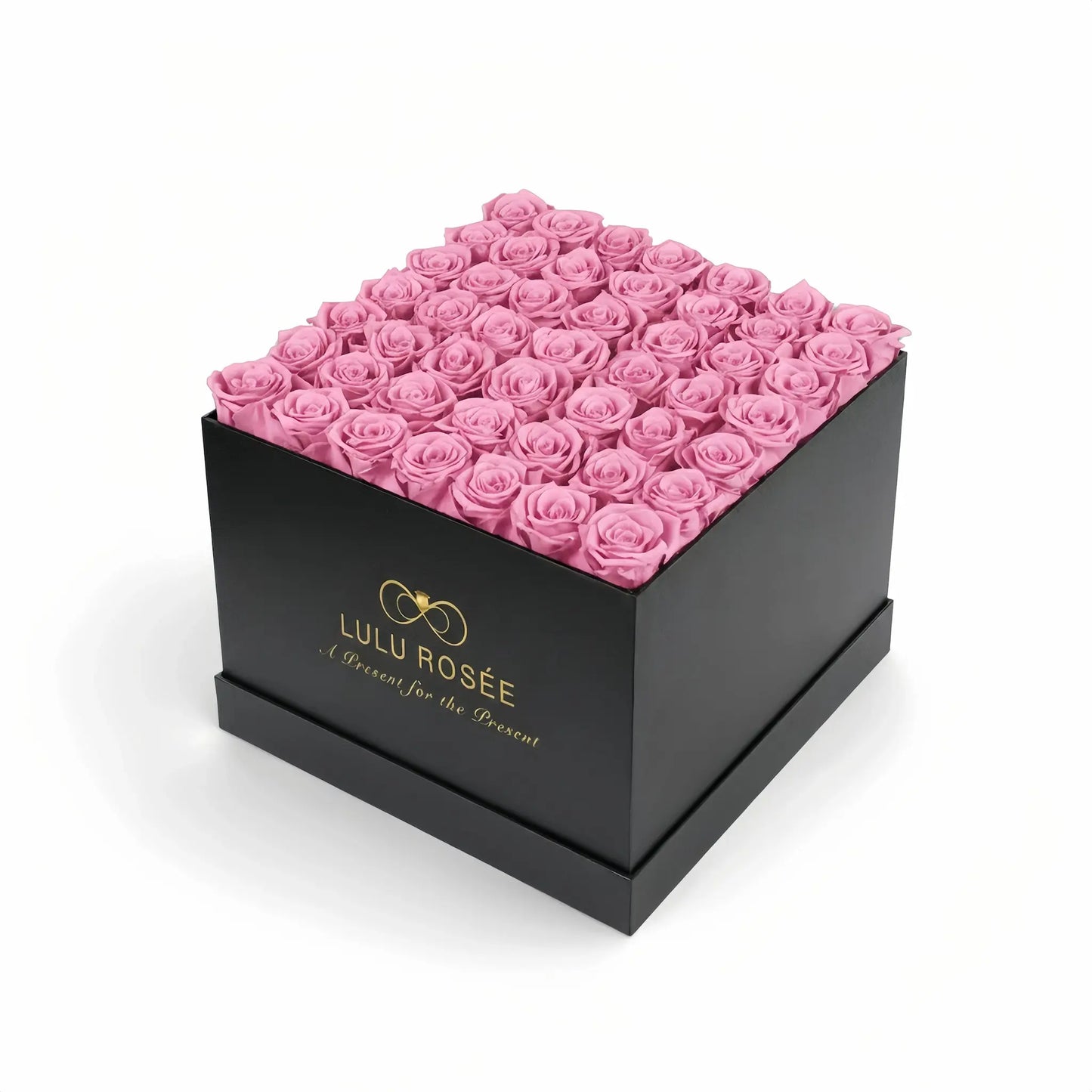 LULU ROSÉE large square box sweet pink roses black classic box on white background