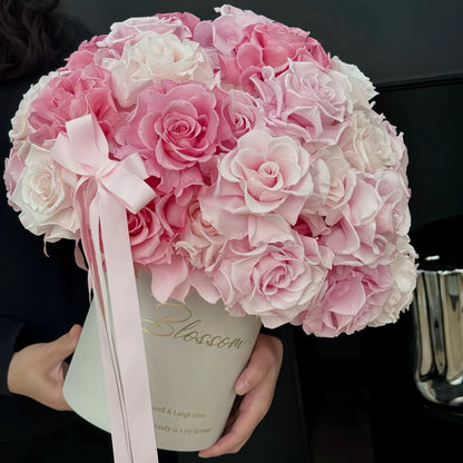 LULU ROSÉE Monochrome Pink Rose Garden Bucket, Full Bloom Preserved Rose Hug Bucket with Satin Ribbon