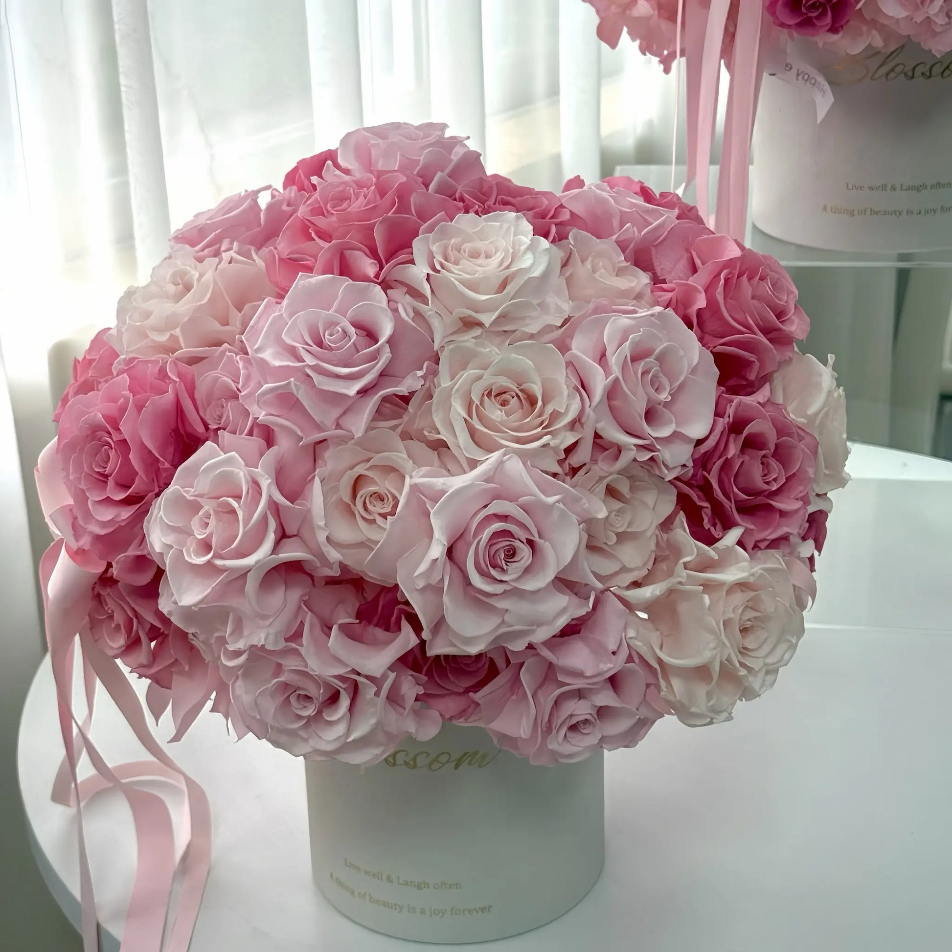 LULU ROSÉE Monochrome Pink Rose Garden Bucket Top View, Lush Preserved Pink Rose Arrangement