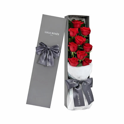 LULU ROSÉE Petite Long Stem Preserved Rose Box, luxury long rectangular gift box filled with long stem wine red preserved roses, decorated with elegant grey satin ribbon, customizable flower colors, everlasting romantic floral souvenir for Valentine’s Day, anniversary & birthday gifting