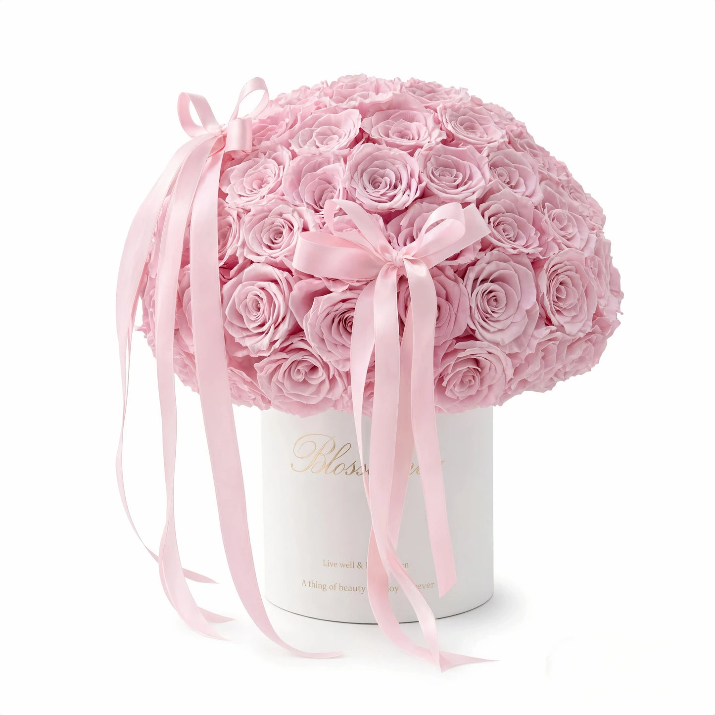 LULU ROSÉE Pink Forever Rose Bucket on Mirror Base, Luxury Preserved Flower Arrangement on a white background