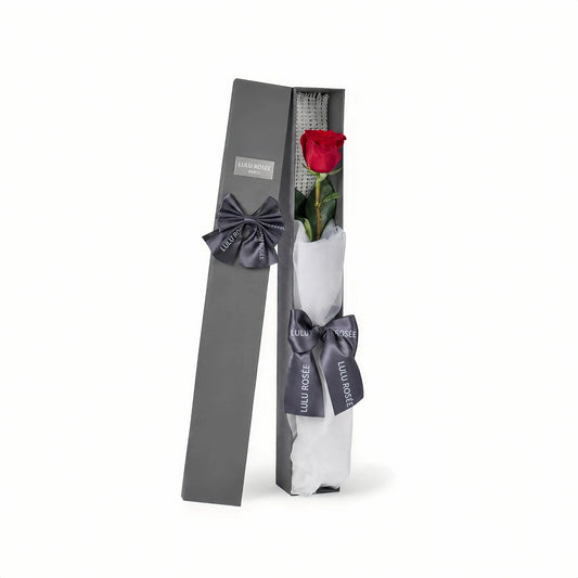 LULU ROSÉE Single Long Stem Preserved Rose Box, luxury long rectangular mini gift box with one long stem wine red preserved rose, decorated with elegant grey satin ribbon, customizable flower colors, tiny everlasting romantic floral souvenir for Valentine’s Day, anniversary & birthday gifting