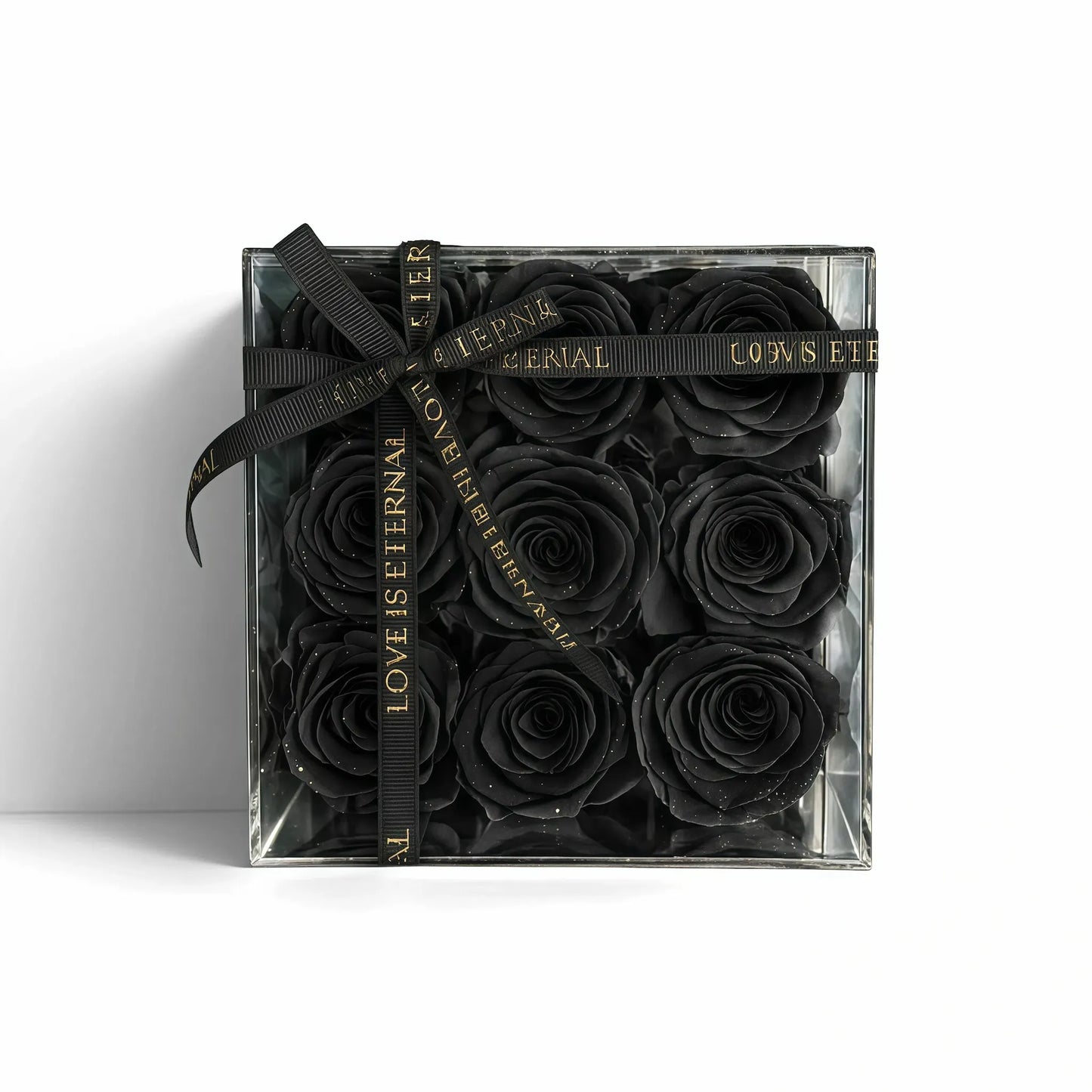 LULU ROSÉE small square box Stardust black roses on white background