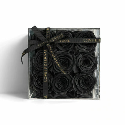 LULU ROSÉE small square box Stardust black roses on white background