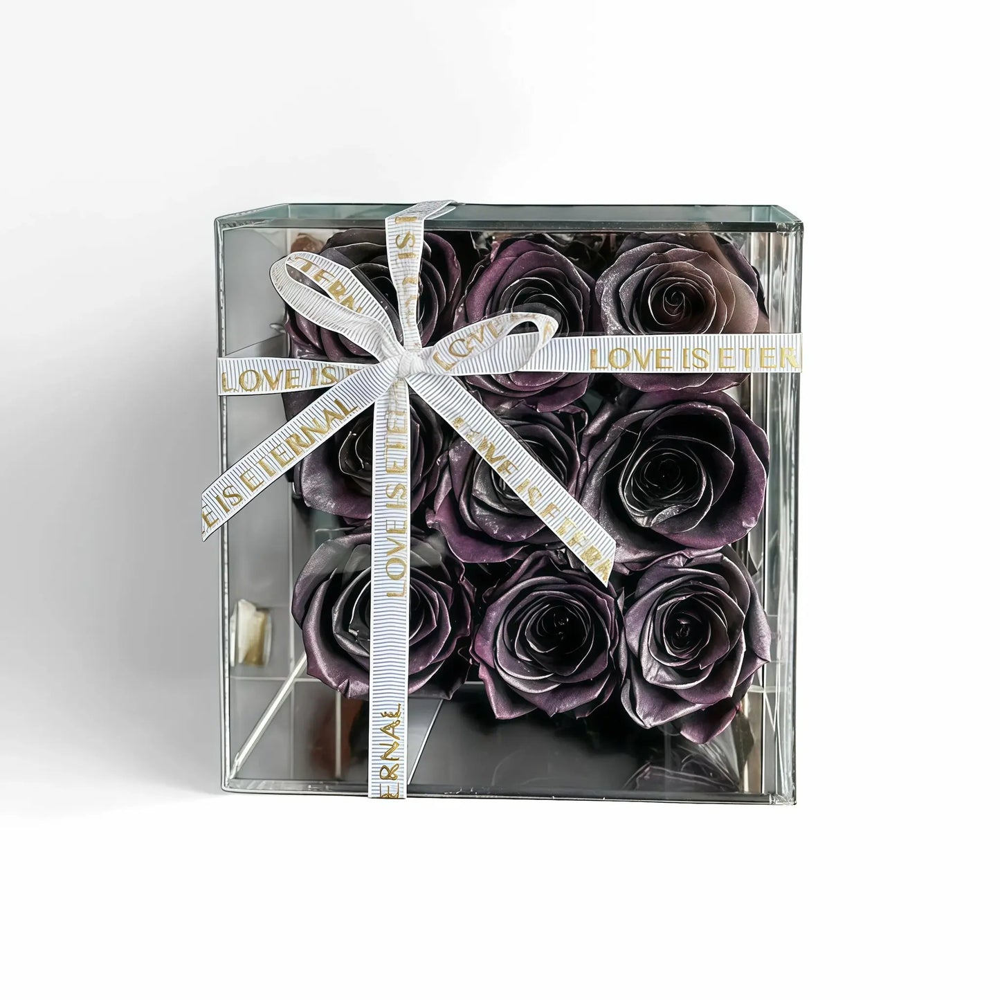 LULU ROSÉE small square box metallic midnight purple roses on white background