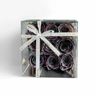 LULU ROSÉE small square box metallic midnight purple roses on white background