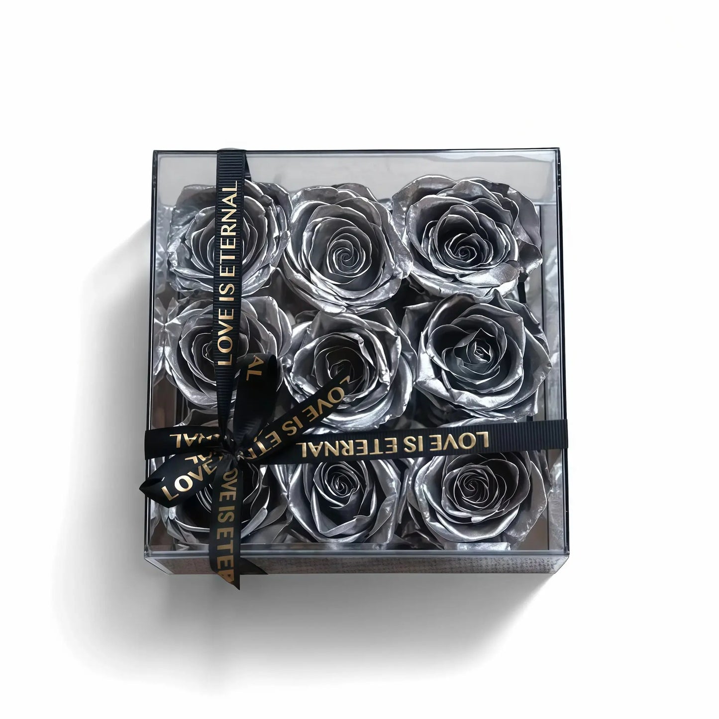 LULU ROSÉE small square box silver roses on white background