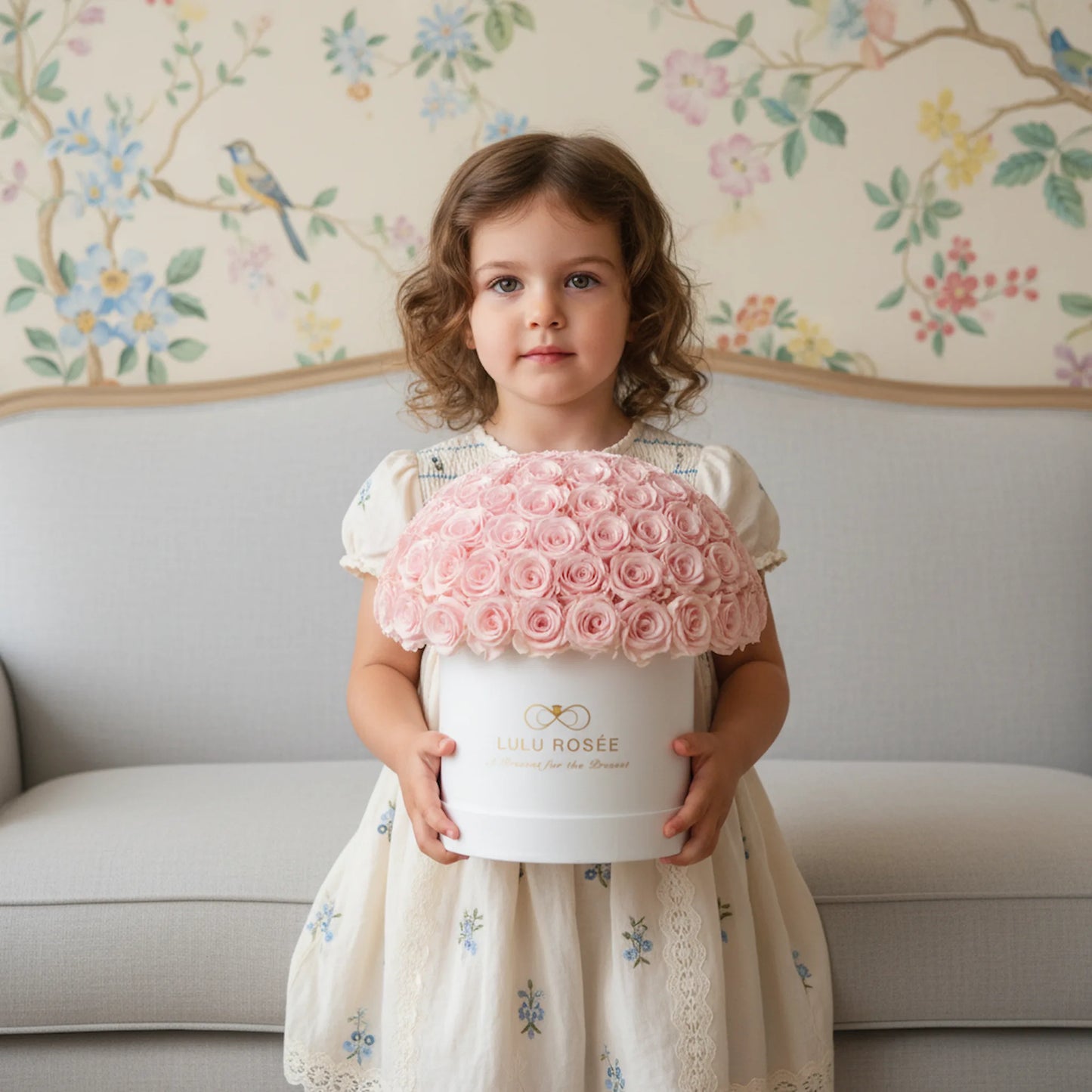 Young girl holding a large box of pink roses against a floral wallpapered wall.
