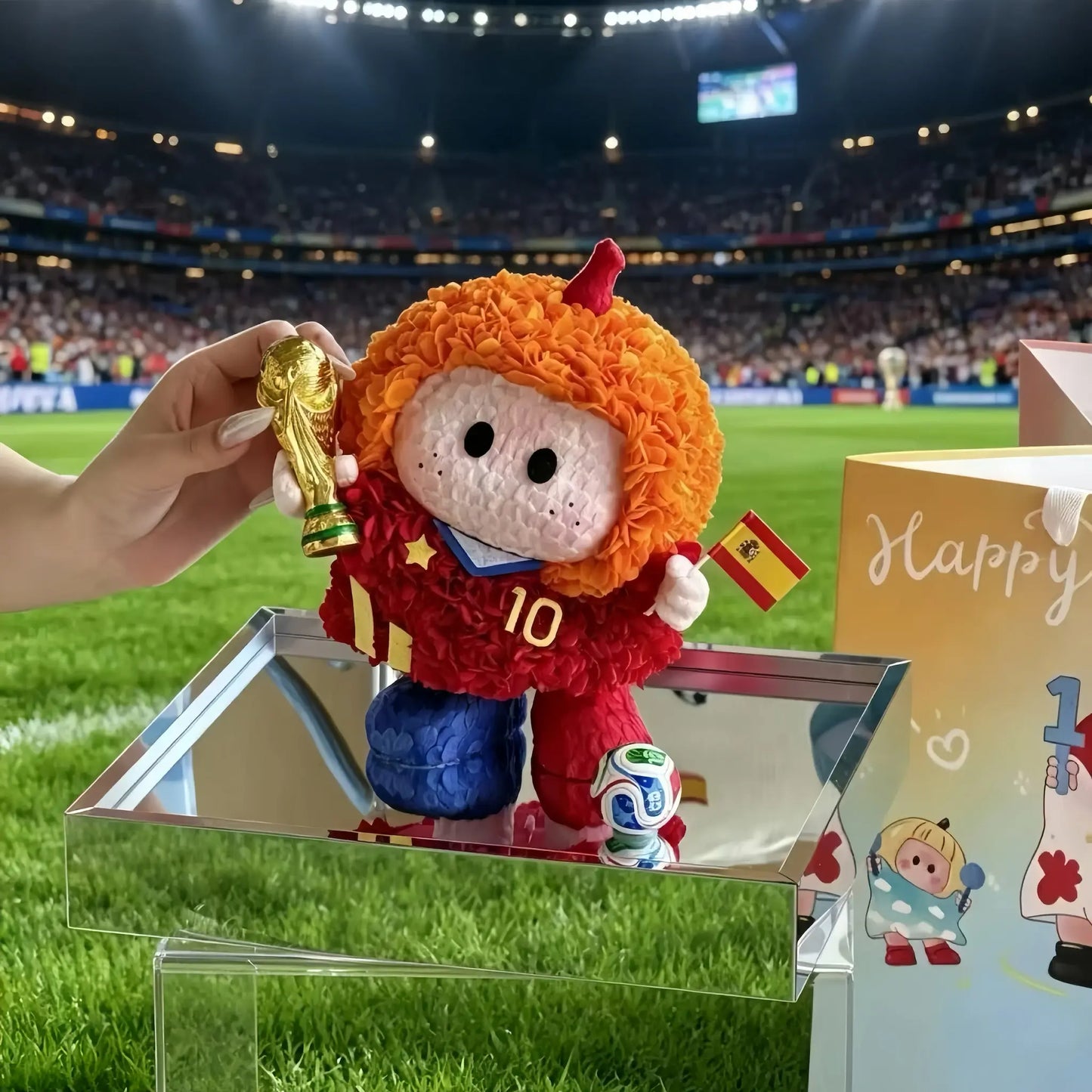 LULU ROSÉE Limited World Cup Eternal Floral Soccer Doll, Spain No.10 preserved flower player figurine holding World Cup trophy, individual acrylic display box, luxury football fan collectible souvenir gift