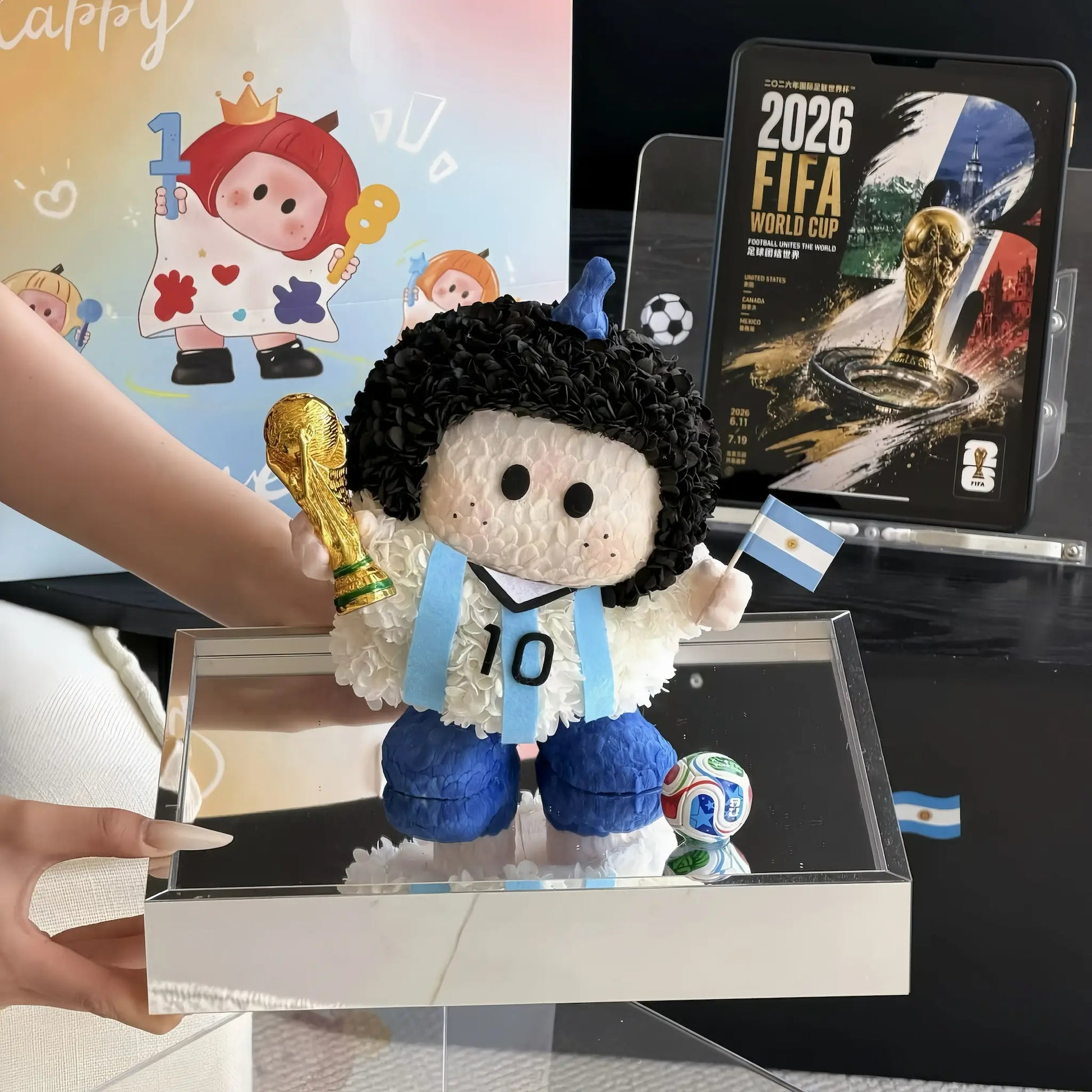 LULU ROSÉE Limited World Cup Eternal Floral Soccer Player Doll, Argentina No.10 Messi preserved flower doll with trophy, displayed in clear acrylic case, luxury fan collectible souvenir gift