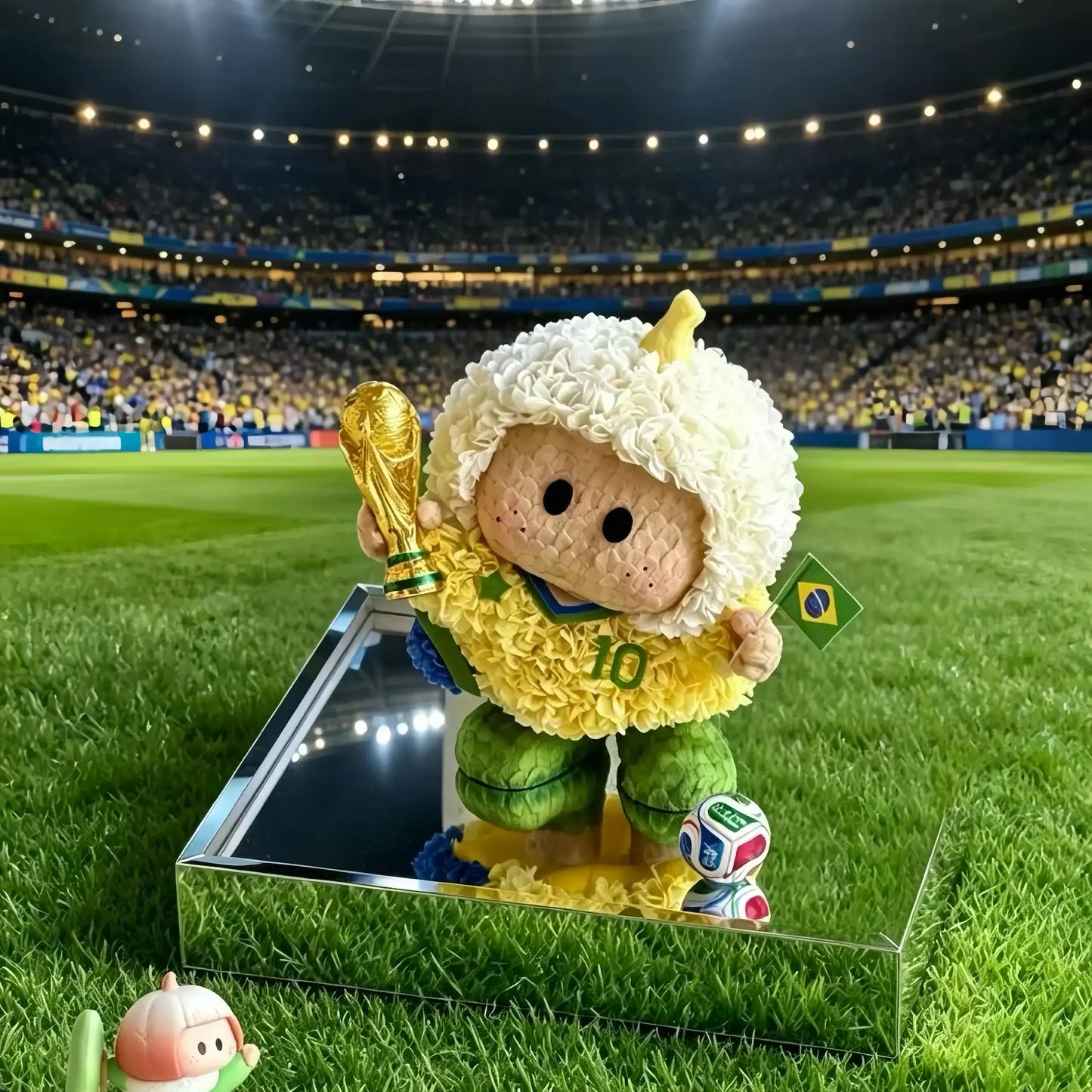 LULU ROSÉE Limited World Cup Eternal Floral Brazil National Team Soccer Doll, preserved flower player figurine with trophy, luxury football fan memorabilia in acrylic box